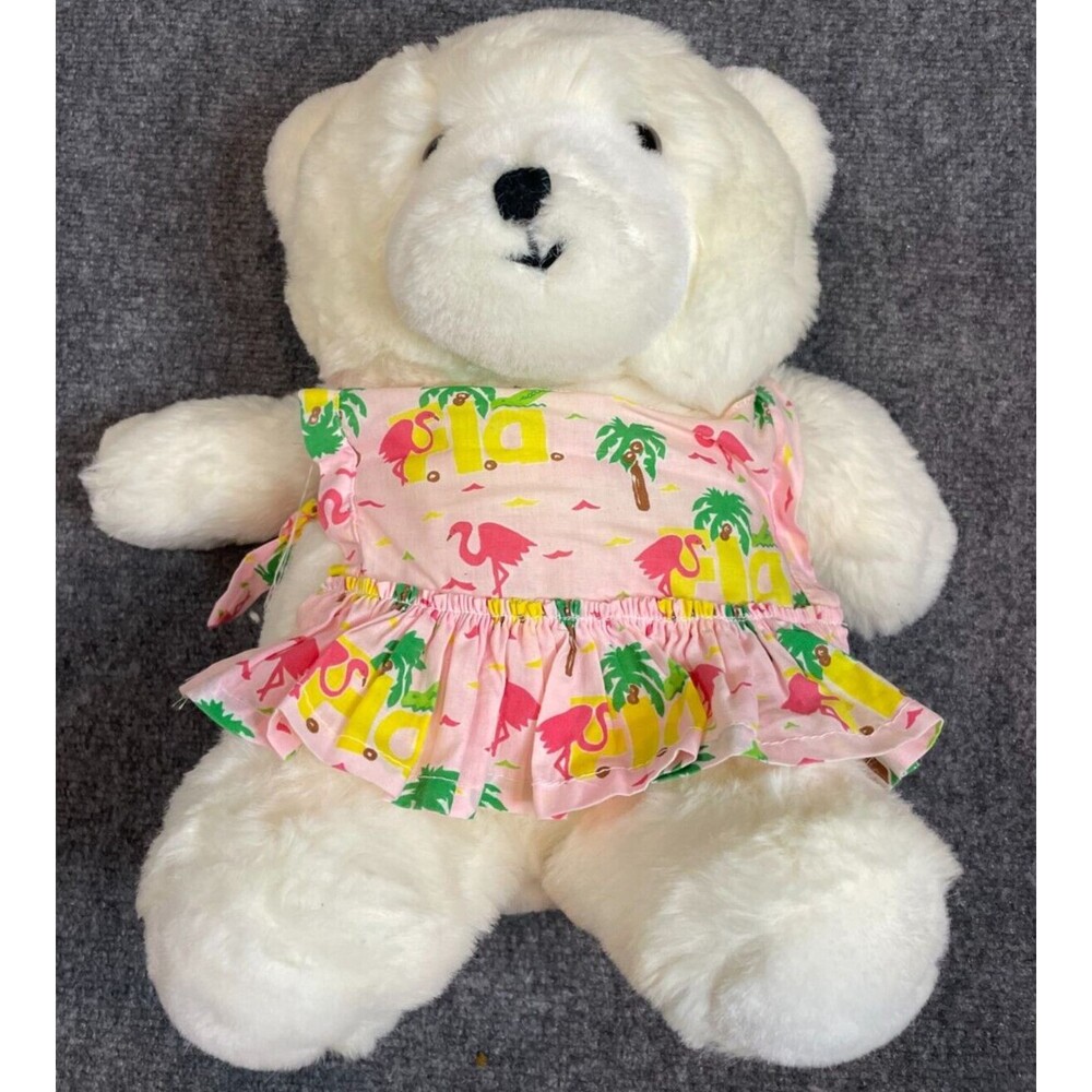 BURDINES VINTAGE FLORIDA PLUSH TEDDY BEAR Vintage 1987 in Flamingo Dress White